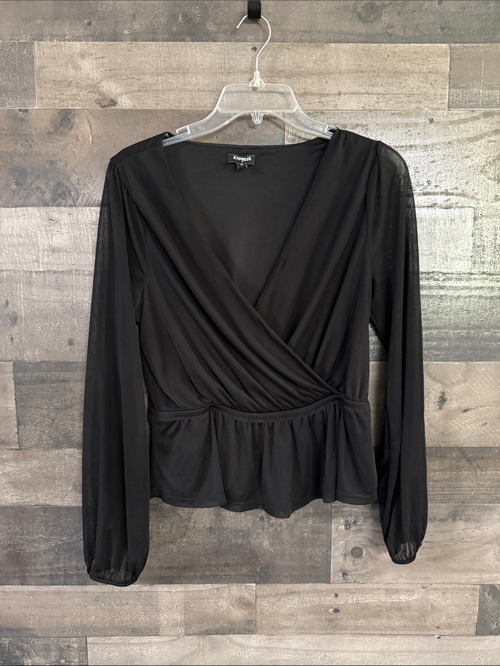 Express Black Wrap Peplum Blouse with Sheer Long Sleeves
